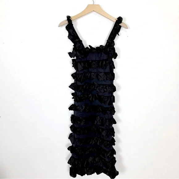 Vintage black ruffle bodycon bandage dress midi cocktail party frilly tiered - Picture 2 of 9